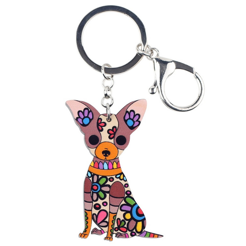 Bonsny Акрилни Куче Бижута Чихуахуа Куче Ключодържател Ключодържател Подарък Подарък За Жени Момиче Чанта Чар Ключодържател Висулка Ключодържател Бижута