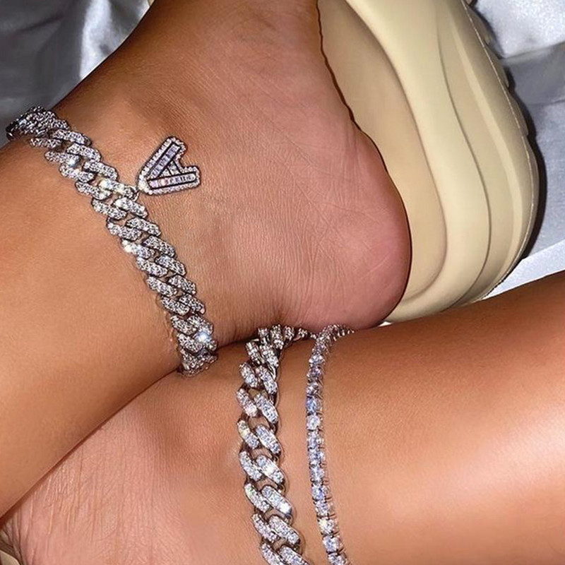 9 mm Statement Cuban Link Chain Narukvice za gležnjeve za žene Kristalno početno slovo Zdepaste narukvice za gležnjeve Hip Hop Barefoot lančić Nakit