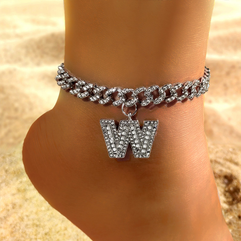 9 mm Statement Cuban Link Chain Narukvice za gležnjeve za žene Kristalno početno slovo Zdepaste narukvice za gležnjeve Hip Hop Barefoot lančić Nakit