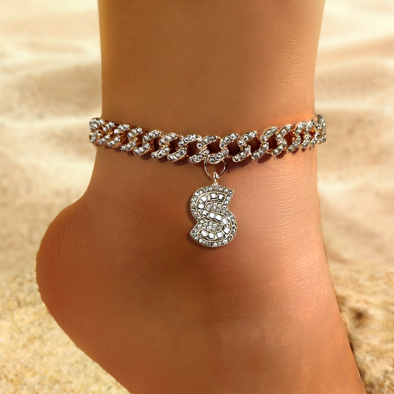 9 mm Statement Cuban Link Chain Narukvice za gležnjeve za žene Kristalno početno slovo Zdepaste narukvice za gležnjeve Hip Hop Barefoot lančić Nakit