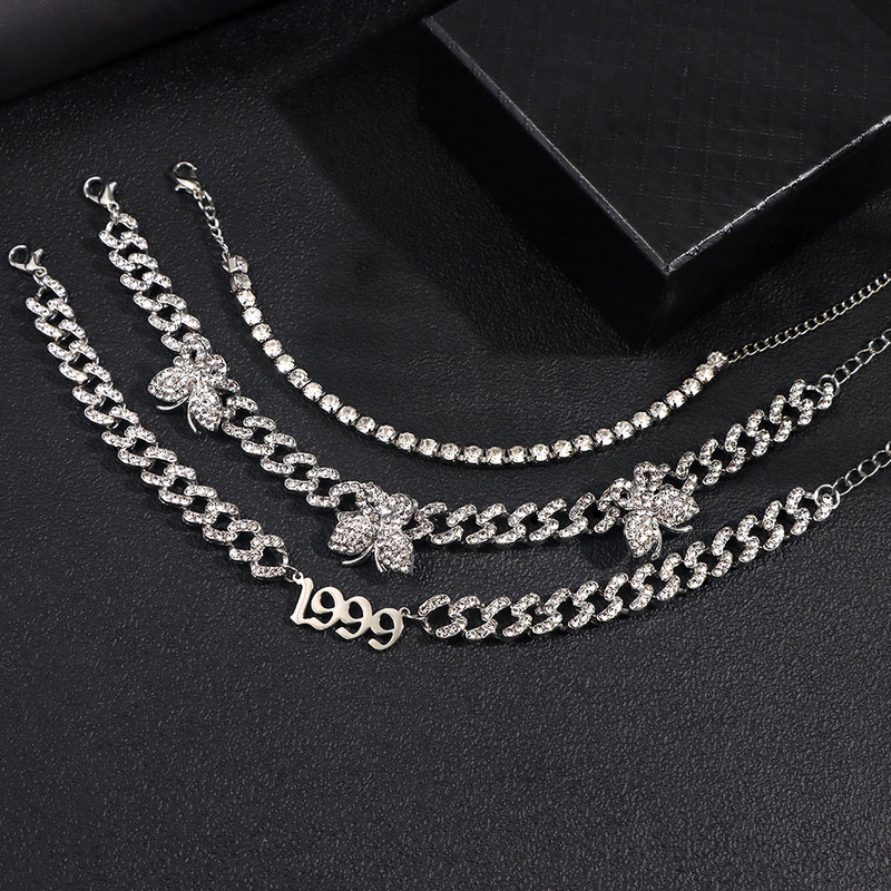 3db/szett Iced Out Rhinestone Butterfly kubai lánc bokaláncok nőknek 1999 év száma link vaskos bokalánc hip hop láb ékszer