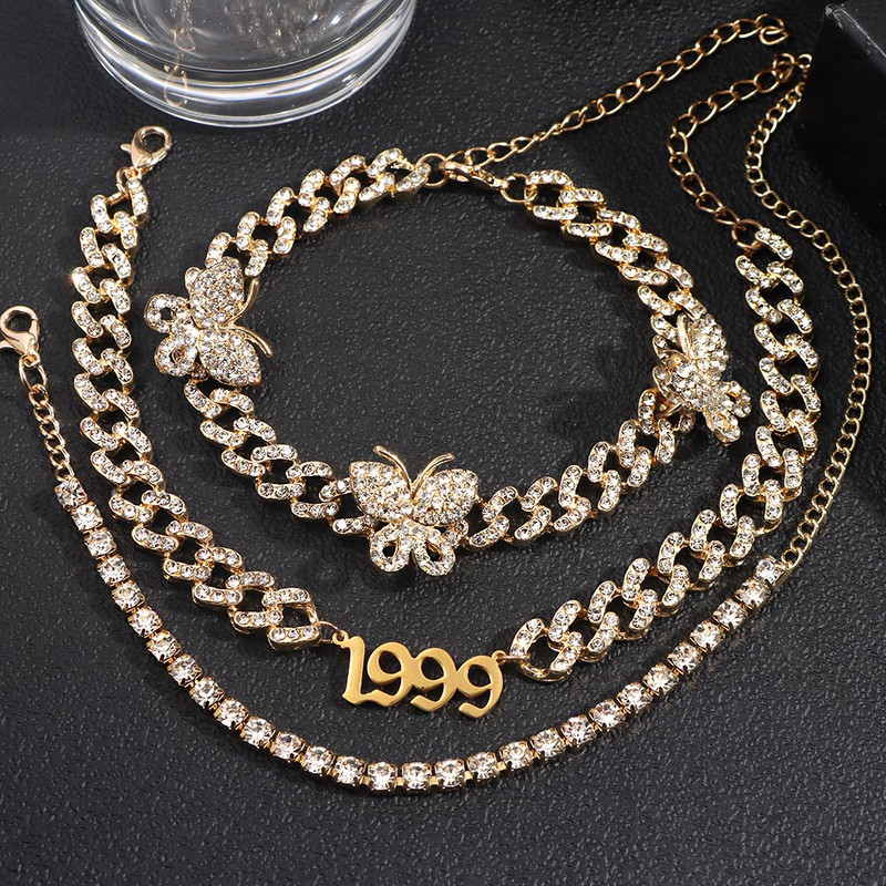 3db/szett Iced Out Rhinestone Butterfly kubai lánc bokaláncok nőknek 1999 év száma link vaskos bokalánc hip hop láb ékszer