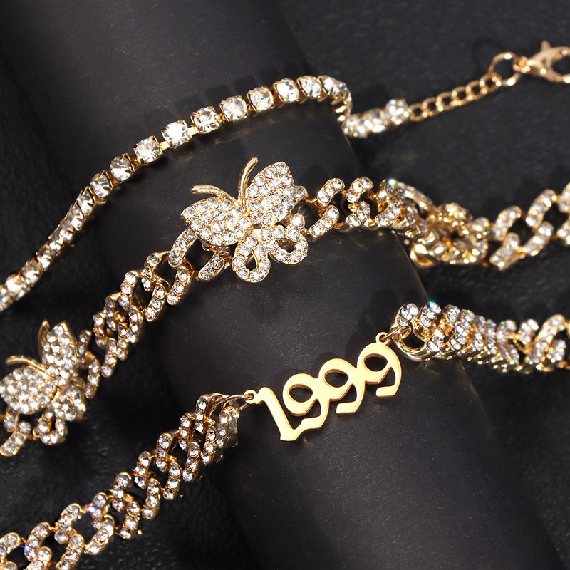 3db/szett Iced Out Rhinestone Butterfly kubai lánc bokaláncok nőknek 1999 év száma link vaskos bokalánc hip hop láb ékszer