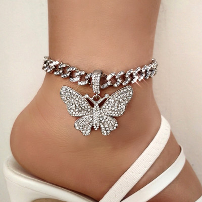 Modni Bling Rhinestones Butterfly Kubanski lanac Gležnjače Narukvica Hip Hop Chunky Cuban Anklet za žene Bosonoge Sandale Nakit