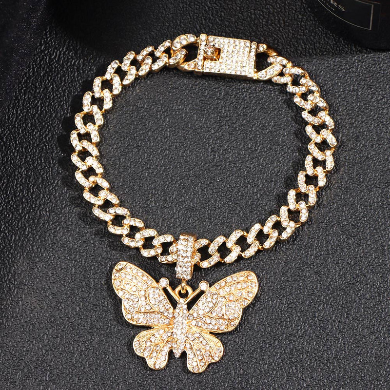 Modni Bling Rhinestones Butterfly Kubanski lanac Gležnjače Narukvica Hip Hop Chunky Cuban Anklet za žene Bosonoge Sandale Nakit