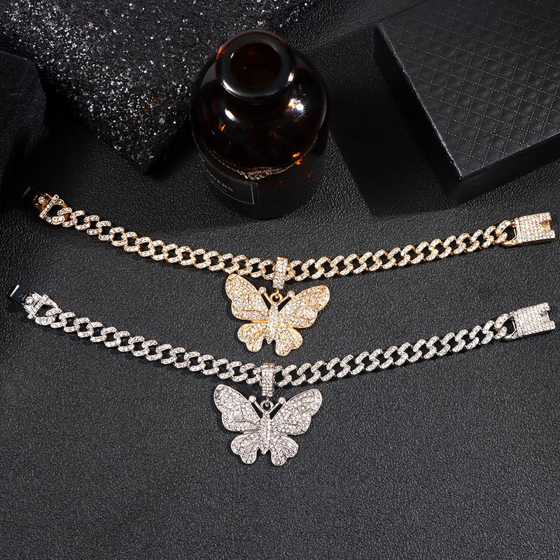 Modni Bling Rhinestones Butterfly Kubanski lanac Gležnjače Narukvica Hip Hop Chunky Cuban Anklet za žene Bosonoge Sandale Nakit