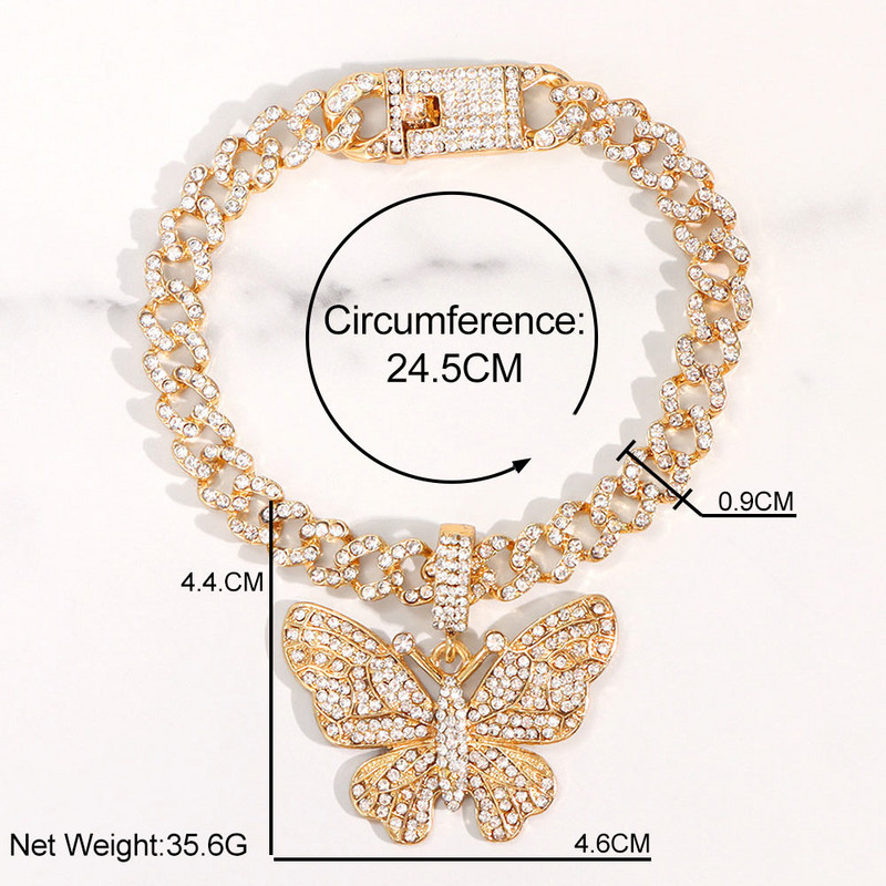 Modni Bling Rhinestones Butterfly Kubanski lanac Gležnjače Narukvica Hip Hop Chunky Cuban Anklet za žene Bosonoge Sandale Nakit
