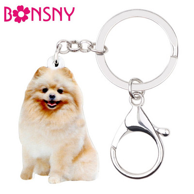 Bonsny Acrylic Happy Sitting Pomeranian Dog Ключодържатели Ключодържател Пръстени Бижута с животни за жени Момичета Тийнейджъри Дамска чанта Charms Подарък