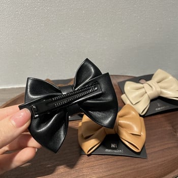 Korea Temperament Simple Leather Double-sided Big Bow Crab Hair Hair Retro PU Bowknot Duckbill Clip For Women Аксесоари за коса