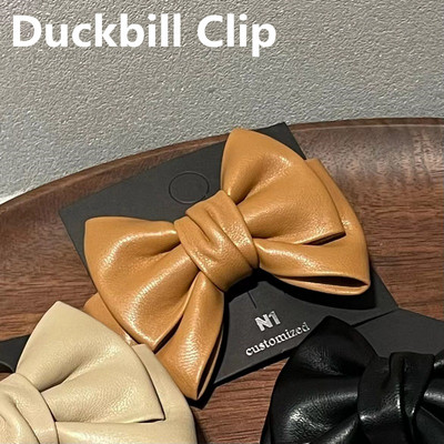 Korea Temperament Simple Leather Double-sided Big Bow Crab Hair Hair Retro PU Bowknot Duckbill Clip For Women Аксесоари за коса