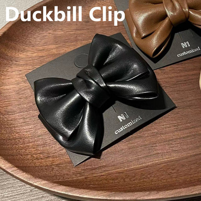 Korea Temperament Simple Leather Double-sided Big Bow Crab Hair Hair Retro PU Bowknot Duckbill Clip For Women Аксесоари за коса