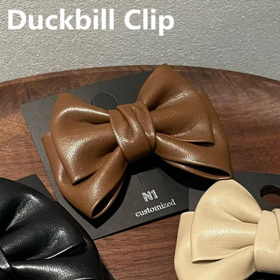 Korea Temperament Simple Leather Double-sided Big Bow Crab Hair Hair Retro PU Bowknot Duckbill Clip For Women Аксесоари за коса