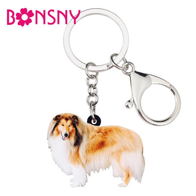 Bonsny Acrylic Happy Rough Collie Dog Ключодържатели Ключодържатели Пръстени Бижута с животни за жени Момичета Дамска чанта Кола Талисмани Висулка Подарък