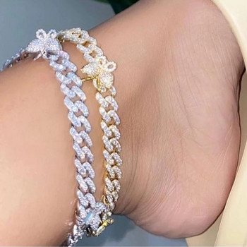 Хип-хоп страз Cuban Link Butterfly Anklet Гривна за жени Rapper Bling Cuban Chain Iced Out Anklets Barefoot Jewelry