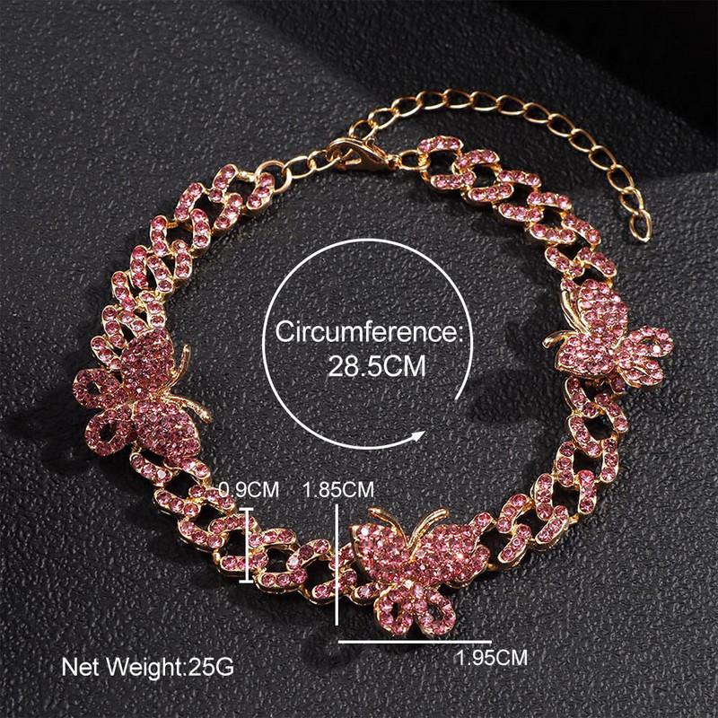 Hip hop vještački dijamant Kubanska veza leptir narukvica za gležnjeve za žene Rapper Bling Cuban Chain Iced Out narukvice za gležnjeve Nakit za bose noge