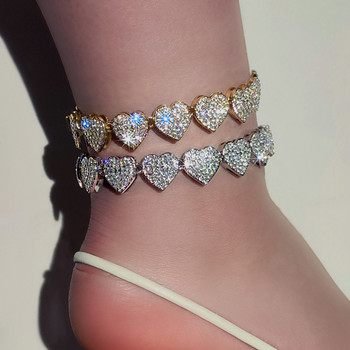 Модни лъскави пълни кристали сърце гривни за глезени за жени Iced Out Crystal Cuban Link Chain Anklet Summer Barefoot Jewelry