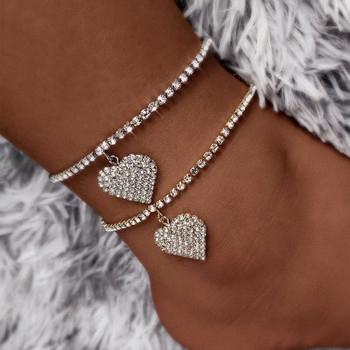 Boho Heart Летни глезени за жени Bling Rhinestone Tennis Chain Любовни гривни за глезена Бижута за крака Лятна плажна глезена на крака