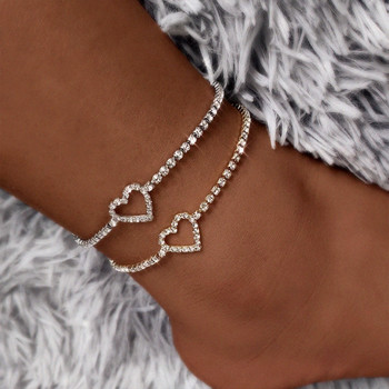 Boho Heart Летни глезени за жени Bling Rhinestone Tennis Chain Любовни гривни за глезена Бижута за крака Лятна плажна глезена на крака