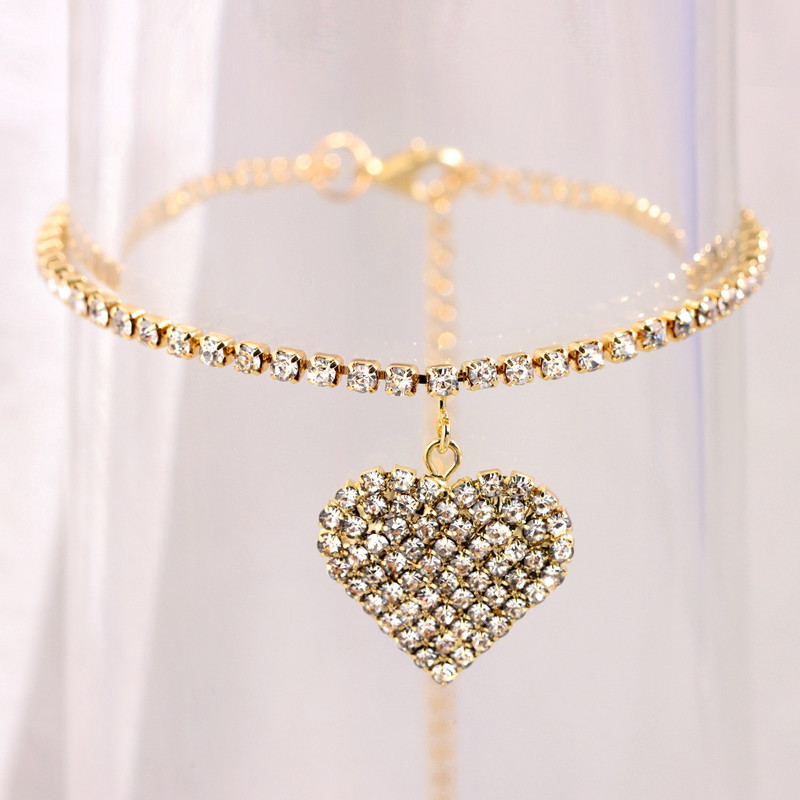Boho Heart Ljetne narukvice za gležnjeve za žene Bling Rhinestone Tennis Chain Ljubavne narukvice za gležanj Nakit za stopala Ljetna narukvica za plažu na nozi