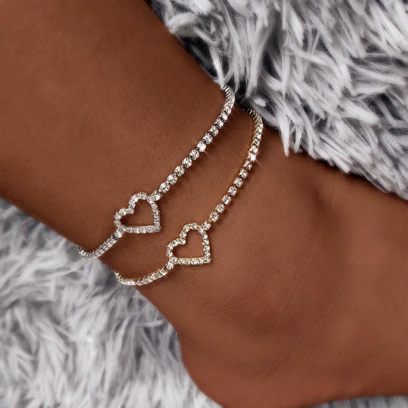 Boho Heart Ljetne narukvice za gležnjeve za žene Bling Rhinestone Tennis Chain Ljubavne narukvice za gležanj Nakit za stopala Ljetna narukvica za plažu na nozi
