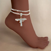 Modni UZI Gun Pistol Crystal Anklets Narukvica za žene Višeslojni lanac od vještačkih dijamanata Nakit Punk Summer Beach Anklet na nozi