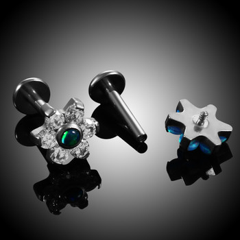 1PC G23 Титаниев опал Labret Stud Пръстени Crystal Flower Ear Tragus Earring Conch Piercing Dermal Anchor Tops Пиърсинг за устни Бижута