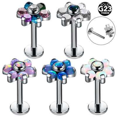 1PC G23 Titanium Opal Labret Stud Gredzeni Crystal Flower Ear Tragus Auskars Gliemeža pīrsings Dermāls Enkura Topi Lūpu pīrsings Rotaslietas