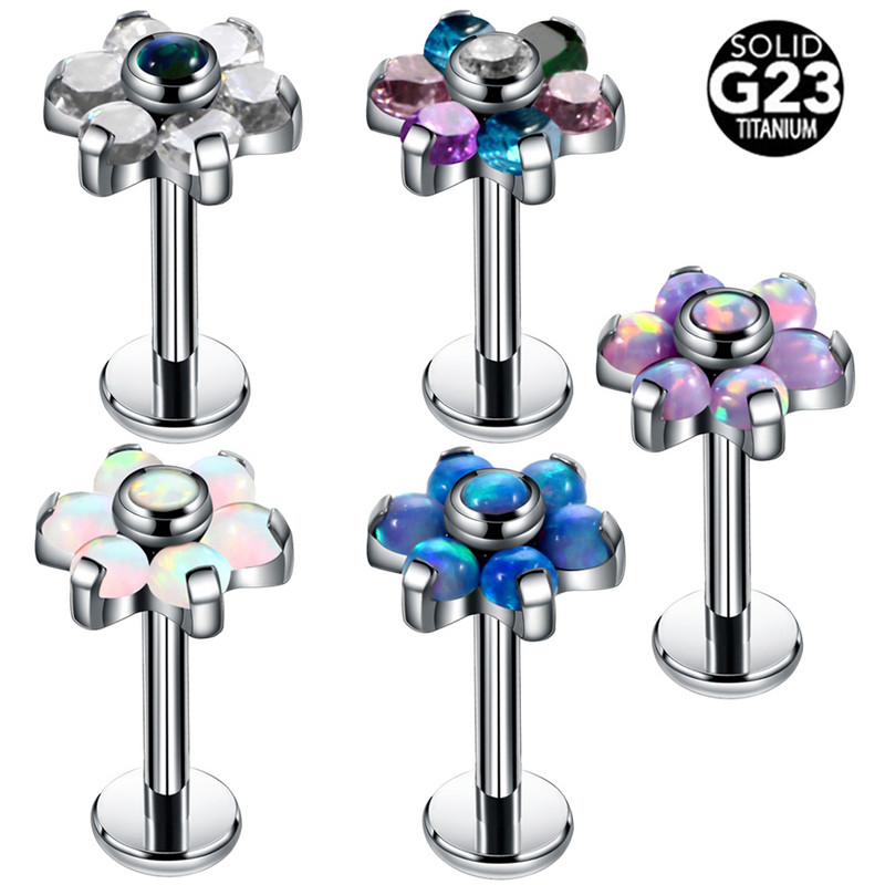 1PC G23 Titanium Opal Labret Stud Prstenovi Crystal Flower Uho Tragus Naušnica Conch Piercing Dermalno sidro Nakit za piercing usana