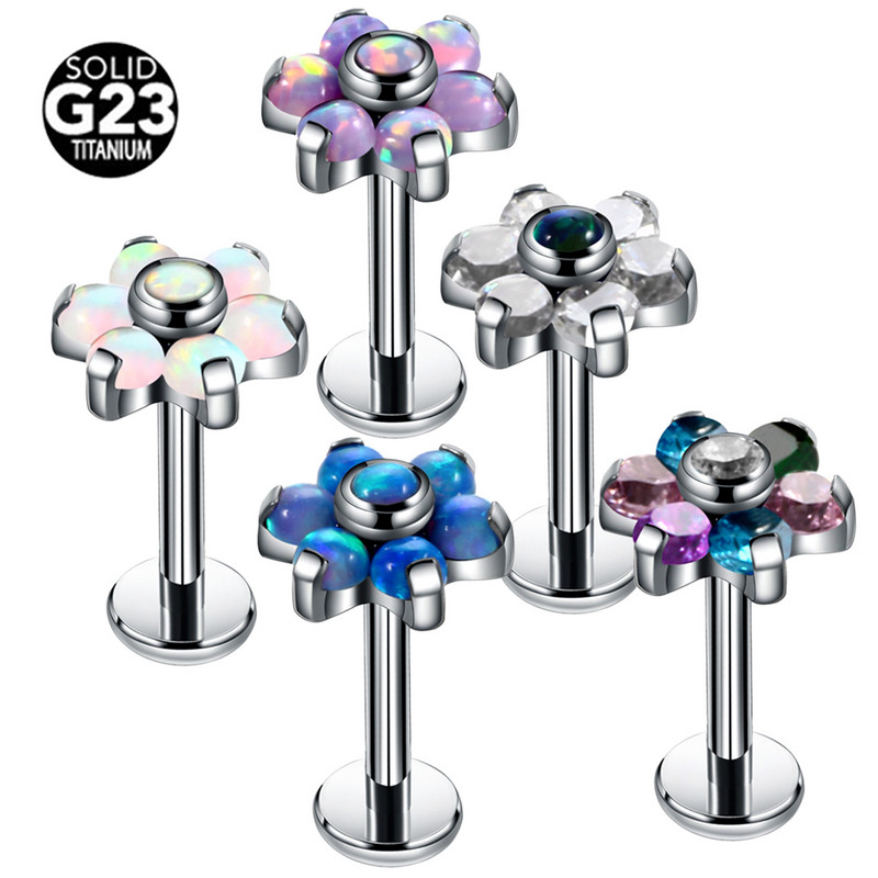 1PC G23 Titanium Opal Labret Stud Prstenovi Crystal Flower Uho Tragus Naušnica Conch Piercing Dermalno sidro Nakit za piercing usana