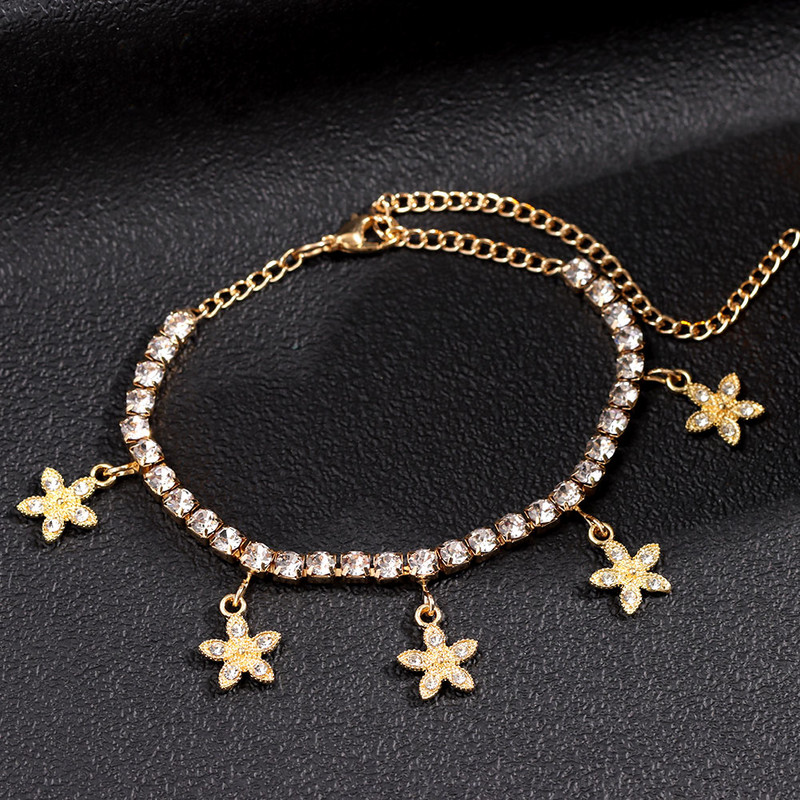 La modă, Iced Out, cu flori de stras, gleznele de cristal, lanț de tenis, brățară de gleznă pentru femei, plajă de vară, bijuterii desculțe