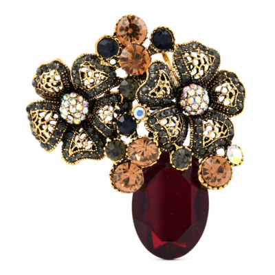 Broșe retro cu flori de cristal roșu pentru femei vază floare broșă haină de modă elegantă bijuterii de nuntă cadouri