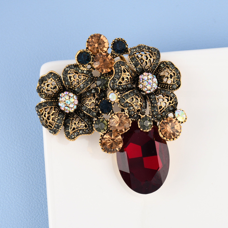 Broșe retro cu flori de cristal roșu pentru femei vază floare broșă haină de modă elegantă bijuterii de nuntă cadouri