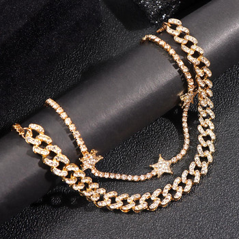 2 бр./компл. Miami Curb Cuban Chain Anklets Bling Rhinestone Link Star Anklet Гривна за жени Пънк хип-хоп плажни бижута за боси крака