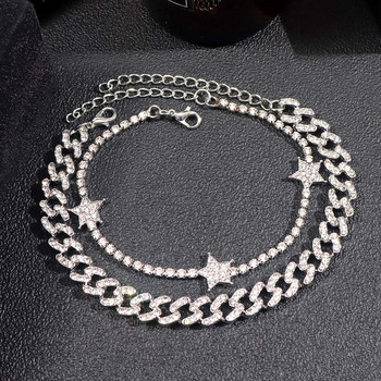 2 бр./компл. Miami Curb Cuban Chain Anklets Bling Rhinestone Link Star Anklet Гривна за жени Пънк хип-хоп плажни бижута за боси крака