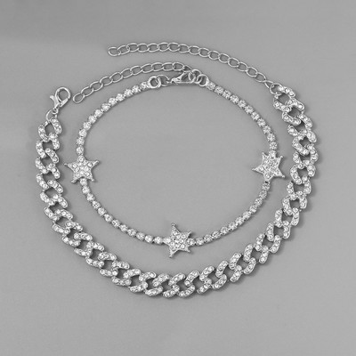 2vnt./rinkinys Miami Curb Kubietiškos grandinėlės kulkšnių apyrankės Bling Kalnų krištolas Link Star Apyrankė Moterims Punk Hip Hop Beach Papuošalai basoms Kojoms