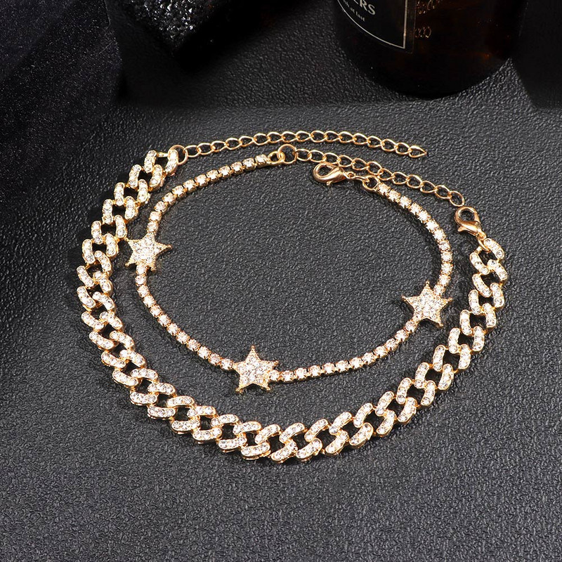 2vnt./rinkinys Miami Curb Kubietiškos grandinėlės kulkšnių apyrankės Bling Kalnų krištolas Link Star Apyrankė Moterims Punk Hip Hop Beach Papuošalai basoms Kojoms