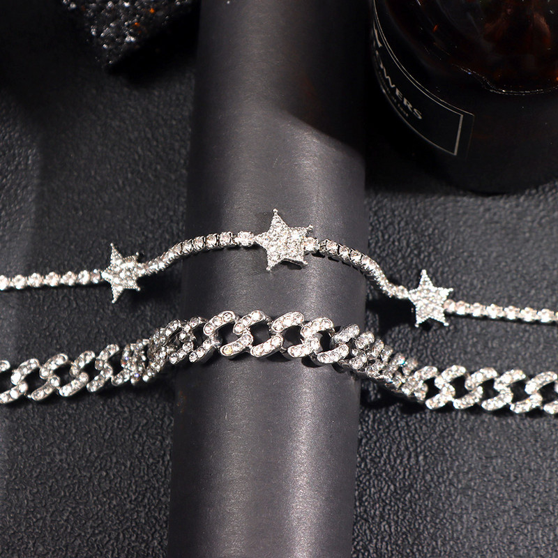 2vnt./rinkinys Miami Curb Kubietiškos grandinėlės kulkšnių apyrankės Bling Kalnų krištolas Link Star Apyrankė Moterims Punk Hip Hop Beach Papuošalai basoms Kojoms