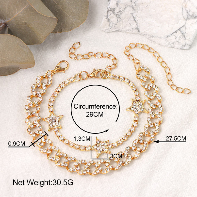 2vnt./rinkinys Miami Curb Kubietiškos grandinėlės kulkšnių apyrankės Bling Kalnų krištolas Link Star Apyrankė Moterims Punk Hip Hop Beach Papuošalai basoms Kojoms