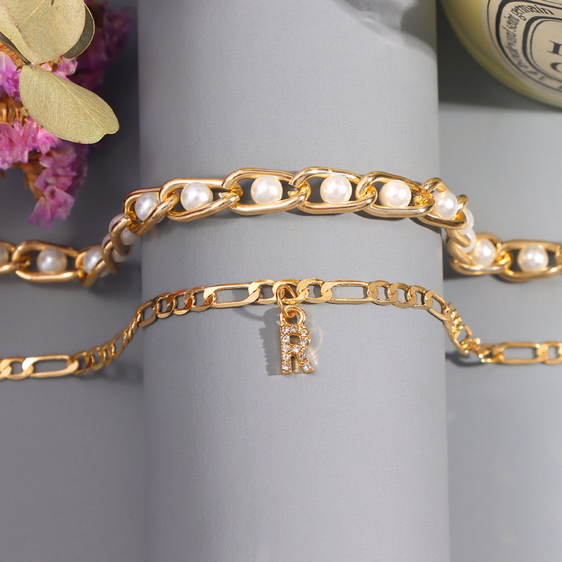 2vnt / rinkinys Madingi perlų karoliukai kulkšnių apyrankės moterims aukso spalvos krištolinės raidės pėdų grandinėlė moteriški paplūdimio sandalai kulkšnių papuošalai