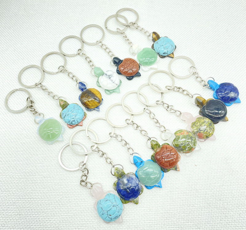 Естествен скъпоценен камък Тюркоаз Кварцов кристал Опал Тигрово око Издълбана костенурка Ключодържател Висулка за изработка на бижута Ключови аксесоари