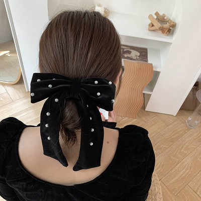 Elegantiškas dvisluoksnis lankelis spyruoklinis segtukas Velvetas rudens žiemos perlas juodas didelis lankas galvos apdangalas Plaukų nagai Plaukų segtukai Plaukų aksesuarai