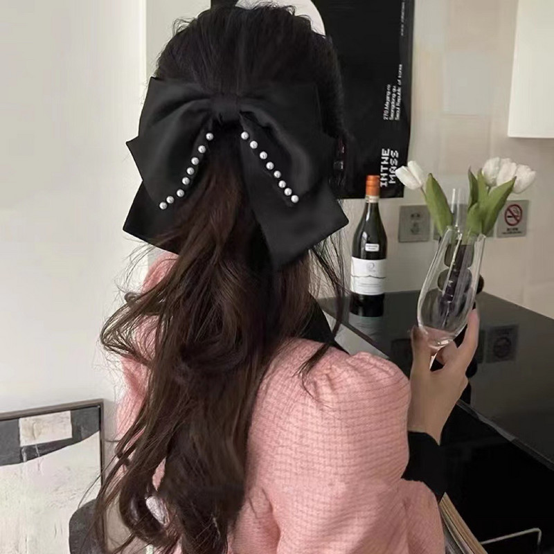 Elegantiškas dvisluoksnis lankelis spyruoklinis segtukas Velvetas rudens žiemos perlas juodas didelis lankas galvos apdangalas Plaukų nagai Plaukų segtukai Plaukų aksesuarai