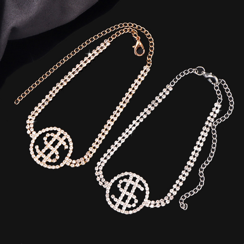 Aukso sidabro spalvos krištolo dolerio ženklo pakabukas su kulkšnies apyrankė moterims Prabangios kalnų krištolinės teniso pėdų grandinėlės kojos kulkšnių papuošalai