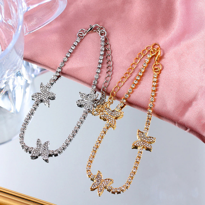 Nauja aukso sidabro spalvos drugelio krištolinė apyrankė su kulkšnies apyranke moterims Bling kalnų krištolo grandinėlė anklet paplūdimio basomis kojomis papuošalai