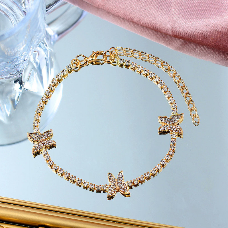 Nauja aukso sidabro spalvos drugelio krištolinė apyrankė su kulkšnies apyranke moterims Bling kalnų krištolo grandinėlė anklet paplūdimio basomis kojomis papuošalai