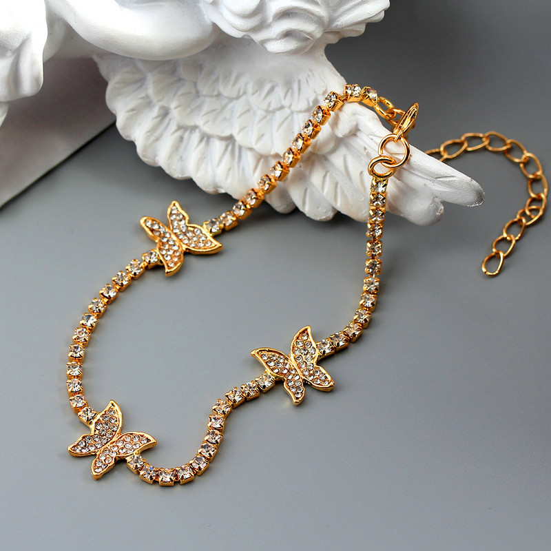 Nauja aukso sidabro spalvos drugelio krištolinė apyrankė su kulkšnies apyranke moterims Bling kalnų krištolo grandinėlė anklet paplūdimio basomis kojomis papuošalai