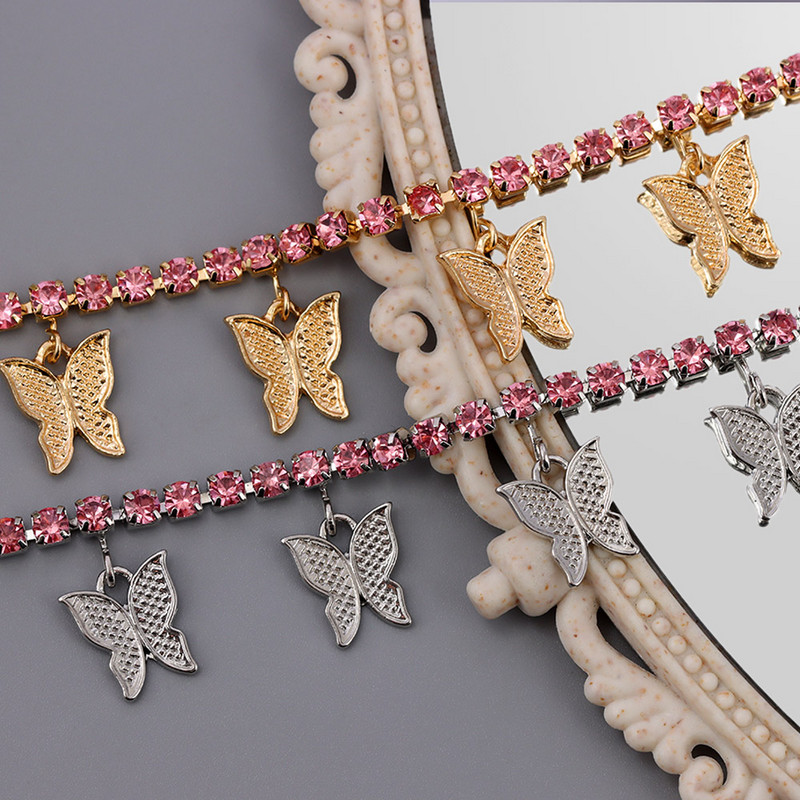 Brățară de gleznă cu fluture de cristal de înaltă calitate, auriu, argintiu, pentru femei, cu lanț de stras de lux, sandale, bijuterii