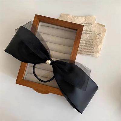 Frânghie de păr cu fundă de perle din tifon de lux cu temperament francez Suporturi de coadă de cal retro de înaltă calitate Corzi Accesorii de păr pentru femei