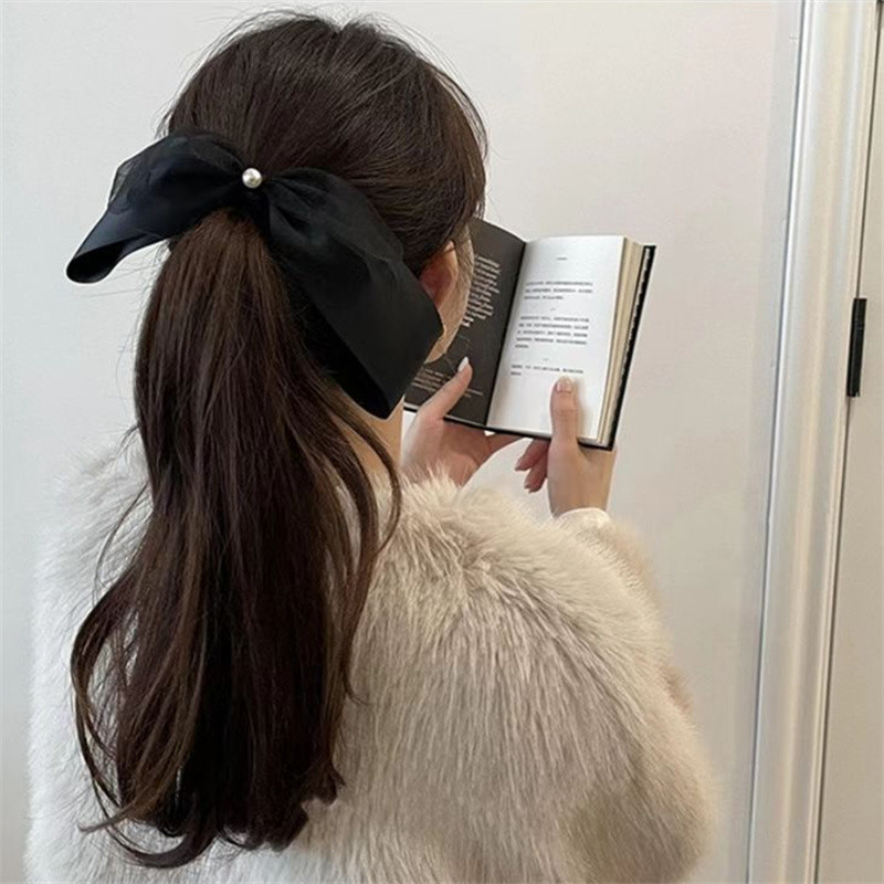 Frânghie de păr cu fundă de perle din tifon de lux cu temperament francez Suporturi de coadă de cal retro de înaltă calitate Corzi Accesorii de păr pentru femei