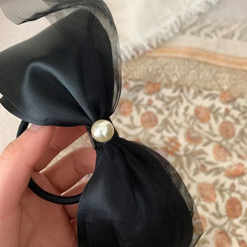 Frânghie de păr cu fundă de perle din tifon de lux cu temperament francez Suporturi de coadă de cal retro de înaltă calitate Corzi Accesorii de păr pentru femei